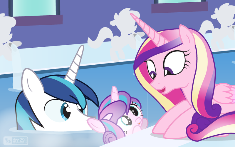 Size: 960x600 | Tagged: safe, artist:dm29, derpibooru import, princess cadance, princess flurry heart, shining armor, alicorn, pony, bath, bathhouse, cross-eyed, cute, family, female, flurrybetes, julian yeo is trying to murder us, male, mare, open mouth, prone, shining adorable, smiling, stallion, swimming, trio, water, window