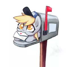 Size: 564x529 | Tagged: safe, artist:inowiseei, derpibooru import, derpy hooves, pegasus, pony, adorable face, chibi, colored pupils, cute, derpabetes, derpy inside a mailbox, female, hat, letter, mailbox, mailmare, mailmare hat, mare, micro, mouth hold, postman's hat, simple background, solo, white background