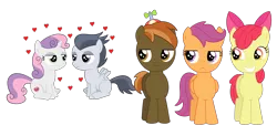 Size: 2594x1272 | Tagged: apple bloom, artist:meandmyideas, button mash, cutie mark, cutie mark crusaders, derpibooru import, heart, jealous, male, rumbelle, rumble, safe, scootaloo, shipping, simple background, straight, sweetie belle, the cmc's cutie marks, transparent background, varying degrees of shipping