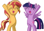 Size: 188x135 | Tagged: safe, artist:uotapo, derpibooru import, edit, sunset shimmer, twilight sparkle, twilight sparkle (alicorn), alicorn, pony, unicorn, cheering, cropped, cute, female, happy, hooves up, picture for breezies, shimmerbetes, simple background, smiling, transparent background, twiabetes