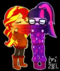 Size: 600x712 | Tagged: safe, artist:ponyprincessgirl100, derpibooru import, sci-twi, sunset shimmer, twilight sparkle, equestria girls, clothes, cute, female, lesbian, scarf, scitwishimmer, shimmerbetes, shipping, sunsetsparkle, twiabetes, winter outfit