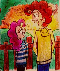 Size: 906x1081 | Tagged: safe, artist:mabiesison, derpibooru import, cheese sandwich, pinkie pie, human, beautiful, cheesepie, height difference, humanized, male, shipping, straight, sunrise, traditional art