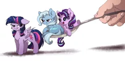 Size: 1800x888 | Tagged: safe, artist:buttersprinkle, derpibooru import, starlight glimmer, trixie, twilight sparkle, twilight sparkle (alicorn), alicorn, human, pony, unicorn, :t, angry, buttersprinkle is trying to murder us, cheek fluff, chest fluff, cute, diatrixes, female, floppy ears, fluffy, frown, glare, glimmerbetes, grumpy, hand, horse spooning meme, in goliath's palm, lidded eyes, looking at you, looking back, mare, meme, micro, offscreen character, open mouth, prone, puffy cheeks, raised hoof, scrunchy face, simple background, size difference, smiling, smirk, spoon, spread wings, tiny, tiny ponies, twiabetes, twilight is not amused, unamused, underhoof, waving, weapons-grade cute, white background, wing fluff