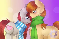 Size: 800x533 | Tagged: artist:rene-color-wolf, blushing, clothes, derpibooru import, female, lesbian, oc, oc:jade sprockett, oc:ponepony, safe, scarf, shipping, unofficial characters only