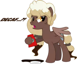 Size: 1024x861 | Tagged: safe, artist:vinylbecks, derpibooru import, oc, oc:sweet mocha, unofficial characters only, pegasus, pony, coffee cup, cup, cutie mark, displeased, freckles, hoof hold, simple background, solo, starbucks, text, transparent background, vector