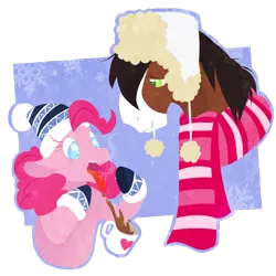 Size: 3000x3000 | Tagged: safe, artist:vindhov, derpibooru import, part of a set, pinkie pie, trouble shoes, earth pony, pony, burned, chocolate, christmas, clothes, dropping, female, floppy ears, food, hat, hearth's warming, hot, hot chocolate, lidded eyes, lineless, male, mare, mittens, mug, open mouth, scarf, shipping, simple background, smiling, snow, stallion, steam, straight, tongue out, transparent background, trouble pie, wide eyes