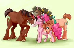 Size: 1024x666 | Tagged: safe, artist:vindhov, derpibooru import, pinkie pie, trouble shoes, oc, oc:perfectly peachy pie, oc:sulphur pie, earth pony, pony, alternate hairstyle, androgynous, blaze (coat marking), cute, eyes closed, family, female, green background, grin, happy, male, mare, offspring, older, parent:pinkie pie, parent:troubleshoes clyde, parents:trouble pie, preggy pie, pregnant, raised hoof, realistic horse legs, shipping, simple background, smiling, starry eyes, straight, trouble pie, unshorn fetlocks, wingding eyes