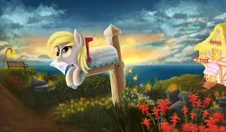 Size: 2678x1567 | Tagged: safe, artist:atlas-66, derpibooru import, derpy hooves, pegasus, pony, bench, cloud, cute, derpabetes, derpy inside a mailbox, female, flower, letter, mailbox, mare, mouth hold, ocean, solo, water