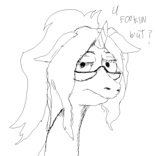 Size: 800x800 | Tagged: safe, artist:silence, derpibooru import, oc, unofficial characters only, pony, unicorn, exploitable meme, glasses, hair up, half moon glasses, long neck, meme, monochrome, ms paint, nope.avi, solo