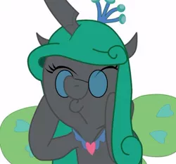Size: 548x511 | Tagged: artist:kirbymlp, chrysalislover, derpibooru import, glasses, happy face, mirror, mirror universe, parallel equestria, parallel universe, queen chrysalis, reflections, reversalis, safe, solo