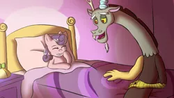 Size: 1920x1080 | Tagged: artist:skybluearts, bed, daddy discord, derpibooru import, discord, laughing, lullaby, safe, screwball