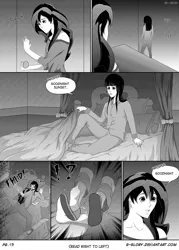 Size: 1100x1540 | Tagged: safe, artist:g-glory, derpibooru import, sunset shimmer, twilight sparkle, comic:up late, equestria girls, rainbow rocks, accident, alternate costumes, bed, bedroom, clothes, comic, female, lesbian, manga, monochrome, not what it looks like, pillow, shipping, slippers, sunsetsparkle