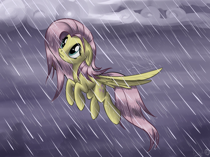 Size: 2000x1500 | Tagged: artist:sirzi, derpibooru import, fluttershy, flying, looking up, overcast, rain, safe, solo, spread wings, wet mane