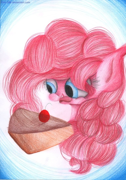 Size: 815x1162 | Tagged: safe, artist:emi-288, derpibooru import, pinkie pie, cake, food, solo, tongue out, traditional art