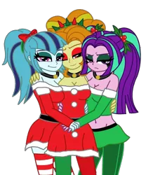 Size: 1377x1655 | Tagged: suggestive, artist:cbear624, derpibooru import, adagio dazzle, aria blaze, sonata dusk, equestria girls, bow, christmas, clothes, dress, looking at you, pigtails, ponytail, skirt, smiling, socks, striped socks, the dazzlings, thigh highs, twintails, zettai ryouiki