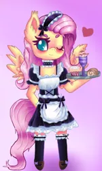 Size: 1020x1700 | Tagged: safe, artist:polishcrossoverfan, derpibooru import, fluttershy, pony, semi-anthro, bipedal, blushing, clothes, heart, maid, one eye closed, solo, spread wings, tray, wink