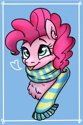 Size: 548x818 | Tagged: dead source, safe, artist:ponybone, derpibooru import, pinkie pie, :p, chest fluff, clothes, cute, diapinkes, ear fluff, heart, looking up, scarf, solo, tongue out