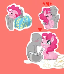 Size: 770x900 | Tagged: artist:horsebone, artist:ponybone, blanket, blushing, cooking, cute, derpibooru import, diapinkes, flour, hug, human, human on pony snuggling, interspecies, kissing, kiss on the cheek, oc, oc:anon, pinkie pie, safe, smiling, snuggling