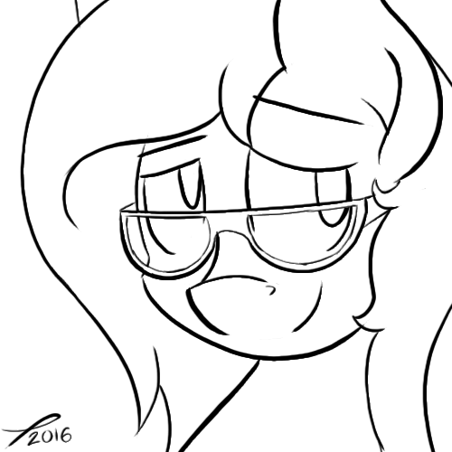 Size: 500x500 | Tagged: safe, artist:platenjack, derpibooru import, oc, unofficial characters only, pony, black and white, bust, female, glasses, grayscale, lidded eyes, looking sideways, mare, monochrome, portrait, simple background, sketch, smiling, solo, white background
