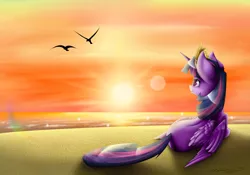 Size: 1024x718 | Tagged: safe, artist:themagicfantasy, derpibooru import, twilight sparkle, twilight sparkle (alicorn), alicorn, bird, pony, beautiful, element of magic, horizon, ocean, plot, scenery, signature, solo, sunset, water