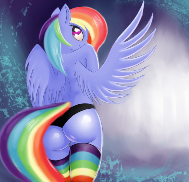 Size: 2000x1924 | Tagged: anthro, artist:twiren, ass, bedroom eyes, black underwear, braless, clothes, derpibooru import, female, looking at you, looking back, panties, partial nudity, rainbow dash, rainbow socks, rainbutt dash, socks, solo, solo female, striped socks, suggestive, thigh highs, topless, underwear