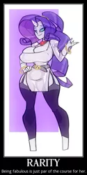 Size: 556x1114 | Tagged: suggestive, artist:bigdad, derpibooru import, edit, rarity, satyr, unicorn, bedroom eyes, belt, big breasts, bracelet, breasts, busty rarity, cleavage, clothes, erect nipples, female, garters, human facial structure, jewelry, looking at you, motivational poster, nipple outline, pony colored satyr, smiling, socks, solo, solo female, thigh highs