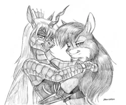 Size: 1300x1081 | Tagged: anthro, artist:baron engel, derpibooru import, duo, duo female, female, fox, furry, furry x canon, grayscale, lesbian, looking at you, monochrome, pencil drawing, queen chrysalis, simple background, sketch, suggestive, traditional art, vixen, white background