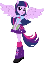 Size: 10422x15036 | Tagged: safe, artist:sugar-loop, derpibooru import, twilight sparkle, equestria girls, .ai available, .svg available, absurd resolution, alternative cutie mark placement, book, boots, clothes, high heel boots, pleated skirt, ponied up, ponytail, show accurate, simple background, skirt, solo, transparent background, vector, wings