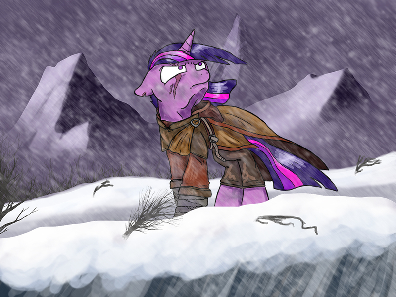 Size: 1000x750 | Tagged: artist:slamjam, derpibooru import, mage, mountain, robes, safe, scar, skyrim, snow, snowfall, solo, the elder scrolls, twilight sparkle