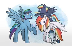 Size: 1600x1010 | Tagged: artist:kianamai, artist:lugiaangel, derpibooru import, grandfather and grandchild, grandmother and grandchild, kilalaverse, next generation, oc, oc:icy storm, oc:lightning blitz, oc:prism bolt, oc:sunset breeze, offspring, parent:rainbow dash, parent:soarin', parents:soarindash, rainbow dash, safe