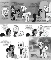 Size: 2000x2359 | Tagged: safe, artist:nimaru, derpibooru import, oc, oc:iron strike, oc:landslide, oc:luau, unofficial characters only, earth pony, pony, comic:like a landslide, clothes, female, grayscale, male, mare, monochrome, scarf, stallion