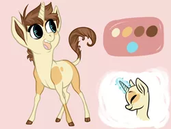 Size: 1024x768 | Tagged: safe, artist:loryska, derpibooru import, oc, oc:clarabelle, unofficial characters only, pony, unicorn, female, magic, mare, offspring, open mouth, parent:pipsqueak, parent:sweetie belle, parents:sweetiesqueak, reference sheet, solo