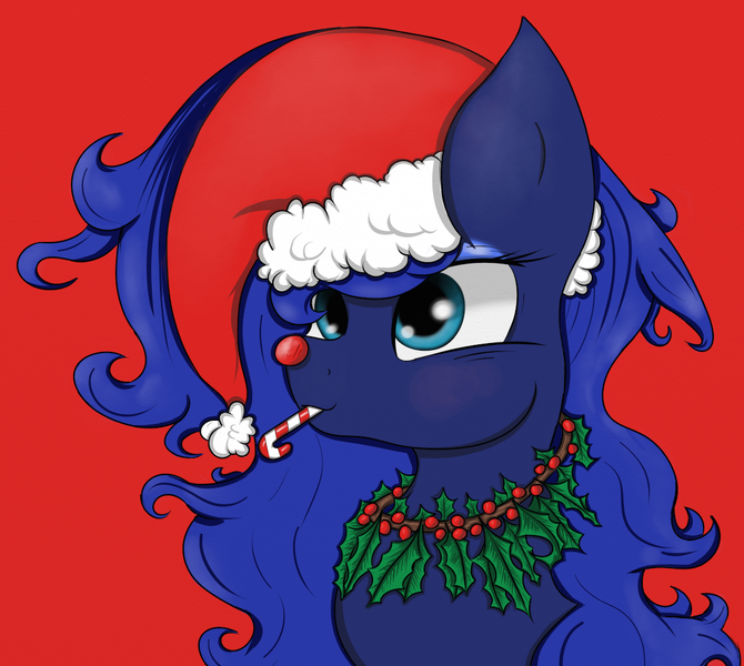 Size: 1103x988 | Tagged: artist:springveil, bust, candy, candy cane, christmas, derpibooru import, food, hat, holly, jewelry, necklace, portrait, princess luna, red background, red nose, rudolph the red nosed reindeer, safe, santa hat, simple background, smiling, solo