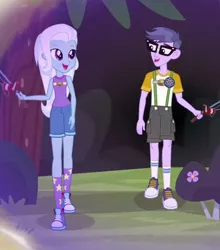 Size: 520x590 | Tagged: safe, derpibooru import, screencap, microchips, trixie, equestria girls, legend of everfree, camp everfree outfits, clothes, converse, cropped, cute, diatrixes, fishing rod, flower, glasses, looking at each other, raised leg, shoes, sneakers, socks