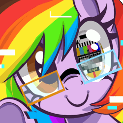 Size: 500x500 | Tagged: safe, artist:peachesandcreamated, derpibooru import, oc, oc:rainbow screen, unofficial characters only, pony, animated, blinking, bust, error, female, gif, glasses, glitch, icon, looking at you, mare, multicolored hair, portrait, rainbow hair, smiling, solo