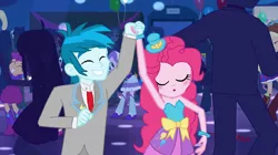 Size: 1916x1076 | Tagged: safe, artist:mlprocker123, derpibooru import, applejack, captain planet, diamond tiara, pinkie pie, rose heart, scootaloo, scott green, sweet leaf, thunderbass, equestria girls, balloon, blushing, bracelet, dancing, fall formal, fall formal outfits, hat, jewelry, male, pinkiebass, shipping, straight, top hat