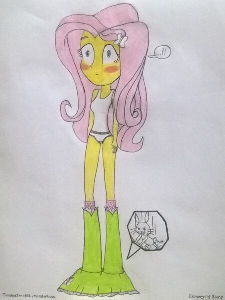 Size: 775x1031 | Tagged: questionable, artist:toonalexsora007, derpibooru import, angel bunny, fluttershy, equestria girls, angel is a bunny bastard, assisted exposure, blushing, boots, clothes, dialogue, embarrassed, embarrassed underwear exposure, female, frilly underwear, grin, panties, pink underwear, skirt, skirt pull, skirt pulled down, skirting, smiling, tanktop, traditional art, underwear, white underwear