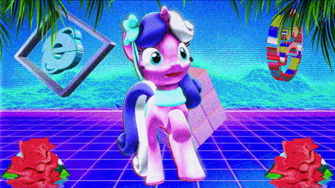 Size: 480x270 | Tagged: safe, artist:bastbrushie, artist:furima, derpibooru import, oc, oc:floral shoppe, unofficial characters only, dolphin, pony, unicorn, 3d, aesthetics, animated, bow, flower, gif, grid, internet explorer, open mouth, palm tree, raised hoof, retro, rose, rubik's cube, smiley, smiling, solo, tree, vaporwave, wat, wide eyes