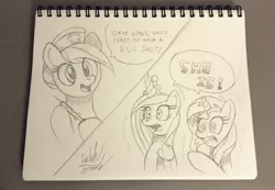 Size: 1024x709 | Tagged: safe, artist:fuzon-s, derpibooru import, nurse redheart, princess cadance, sunset shimmer, pony, andy price style, comic, dialogue, grayscale, monochrome, needle, pencil drawing, scared, shaking, style emulation, syringe, traditional art, trypanophobia, vaccination