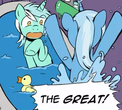 Size: 455x413 | Tagged: safe, artist:crystal-secret, derpibooru import, lyra heartstrings, trixie, pony, unicorn, bath, context is for the weak, cropped, female, inconvenient trixie, mare, open mouth, personal space invasion, raised hoof, rubber duck, single panel, speech bubble, surprised, underhoof, water