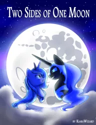 Size: 2300x3000 | Tagged: safe, artist:kiarawizard01, derpibooru import, nightmare moon, princess luna, alicorn, pony, cloud, comic cover, cover art, duality, female, frown, full moon, glare, grin, gritted teeth, mare, mare in the moon, moon, s1 luna, smiling