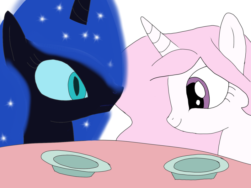 Size: 1600x1200 | Tagged: safe, artist:toyminator900, derpibooru import, nightmare moon, princess celestia, alicorn, pony, cewestia, cute, duo, filly, pink-mane celestia, plate, simple background, table, transparent background, younger