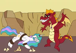 Size: 1754x1240 | Tagged: accessory theft, artist:linedraweer, bad end, bondage, bound wings, cloth gag, comic, commission, derpibooru import, dragon, equestria is doomed, gag, garble, horn ring, imminent vore, jewelry, magic suppression, princess celestia, regalia, safe, the bad guy wins, this will end in war, tied up