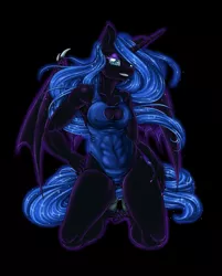 Size: 1919x2381 | Tagged: abs, anthro, artist:longinius, bat wings, black background, boob window, breasts, busty nightmare moon, clothes, derpibooru import, erect nipples, evil grin, female, grin, missing accessory, nail polish, nightmare moon, nipple outline, one-piece swimsuit, seductive look, seductive pose, simple background, smiling, solo, solo female, stupid sexy nightmare moon, suggestive, swimsuit, underass, unguligrade anthro, unshorn fetlocks