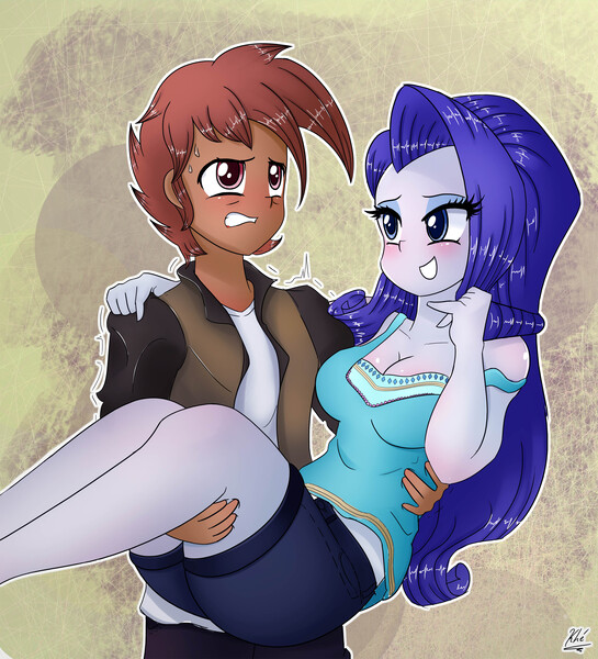Size: 3156x3477 | Tagged: suggestive, artist:ohiekhe, derpibooru import, button mash, rarity, equestria girls, blushing, breasts, busty rarity, carrying, cleavage, clothes, crack shipping, equestria girls-ified, eyeshadow, female, makeup, male, older, rarimash, shipping, straight