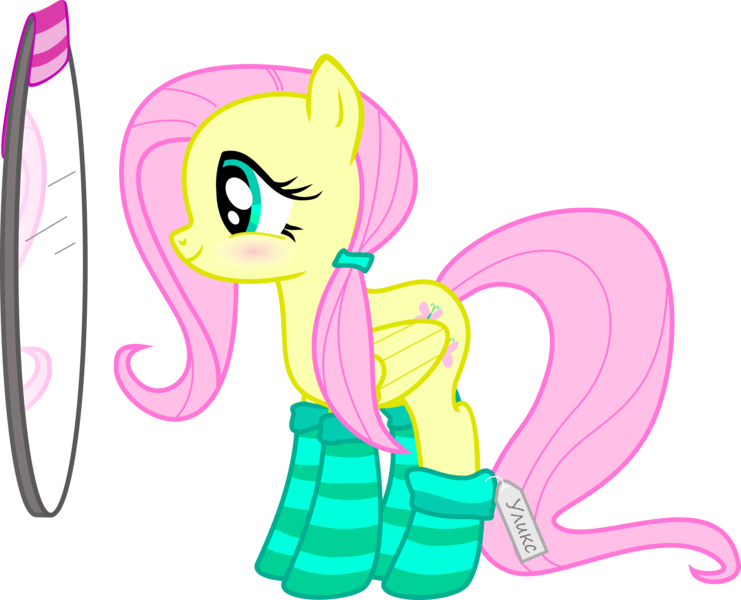 Size: 5000x4051 | Tagged: safe, artist:uliks-uliks, derpibooru import, fluttershy, absurd resolution, blushing, clothes, cute, mirror, russian, shyabetes, simple background, socks, solo, striped socks, transparent background, vector