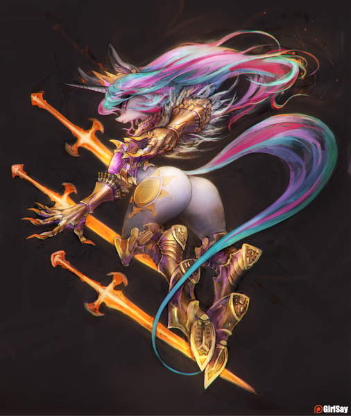 Size: 1266x1500 | Tagged: suggestive, artist:girlsay, derpibooru import, princess celestia, semi-anthro, unguligrade anthro, armor, chromatic aberration, crown, female, from behind, jewelry, patreon, patreon logo, plot, praise the sun, regalia, solo, solo female, sunbutt, sword, unconvincing armor, warrior celestia, weapon