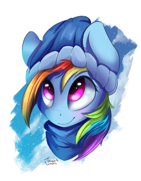 Size: 700x900 | Tagged: safe, artist:tangomangoes, derpibooru import, rainbow dash, bust, clothes, looking up, portrait, scarf, solo, winter outfit