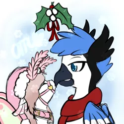 Size: 1000x1000 | Tagged: artist:otpl, bell, bell collar, bridle, christmas, collar, derpibooru import, holly, holly mistaken for mistletoe, mistleholly, mothpony, oc, oc:raven tail, oc:sleepy dust, oc x oc, original species, safe, shipping, snow, snowfall, tack, unofficial characters only