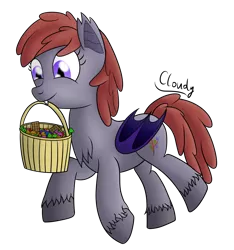 Size: 1500x1600 | Tagged: safe, artist:cloudy95, derpibooru import, oc, oc:lukida, unofficial characters only, bat pony, pony, basket, candy, female, food, mare, mouth hold, simple background, solo, transparent background